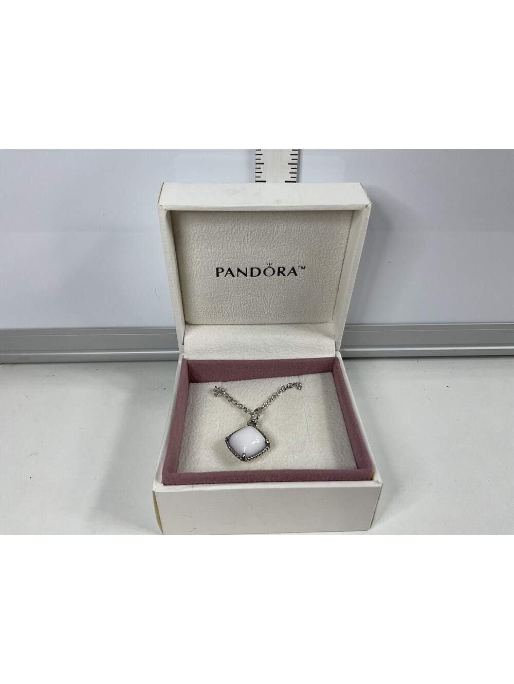 Pandora White Quartzite Pendant Necklace RARE RETIRED 19”